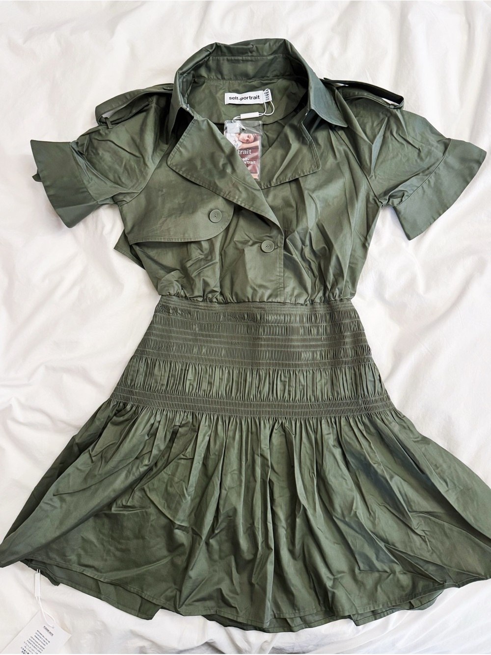 Self-Portrait Smocked-Waist Cotton Trench Mini Dress Olive Green Size US 0